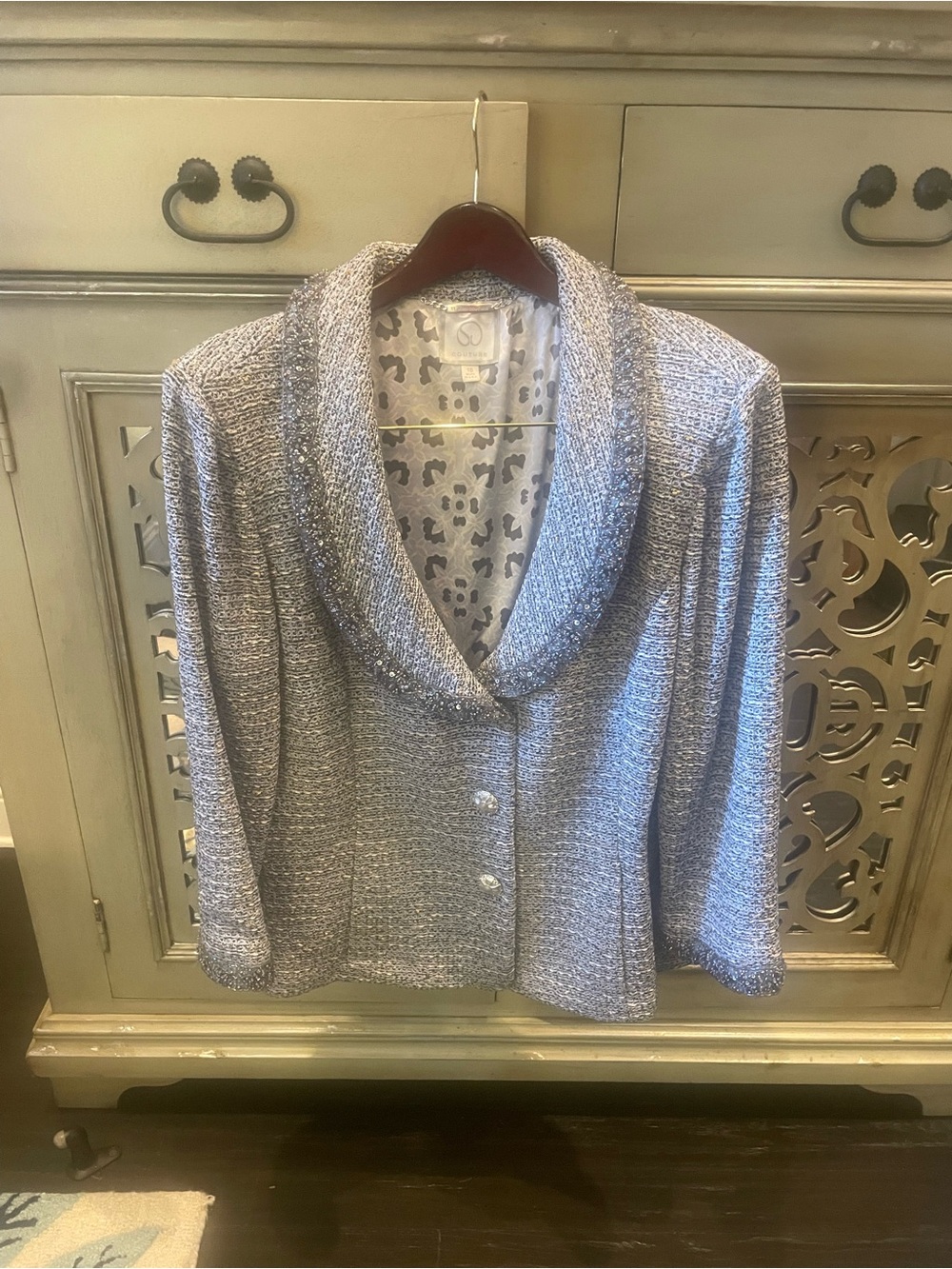 St John Couture Shimmer Knit Shawl Collar Jacket - Silver